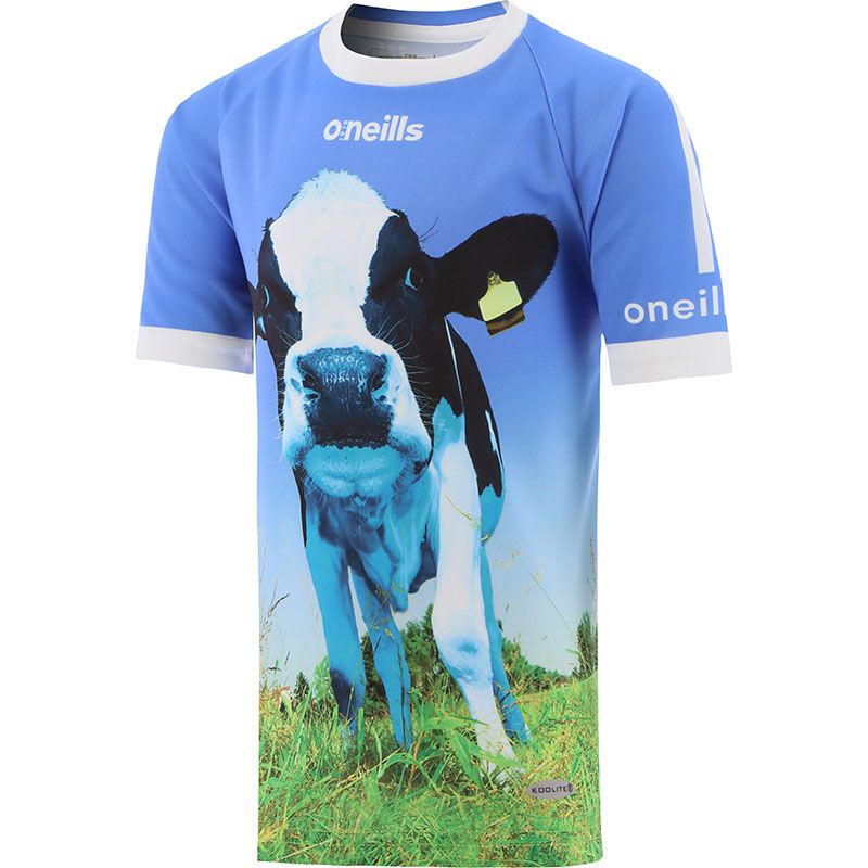 Blue men's O'Neills Ploughing Jersey with an image of a black and white Friesian cow on the front.