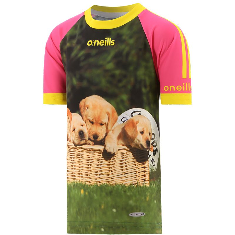 Women's pink and yellow Golden Girls O'Neills Ploughing Jersey with image of golden Labrador puppies and O'Neills ball front view.