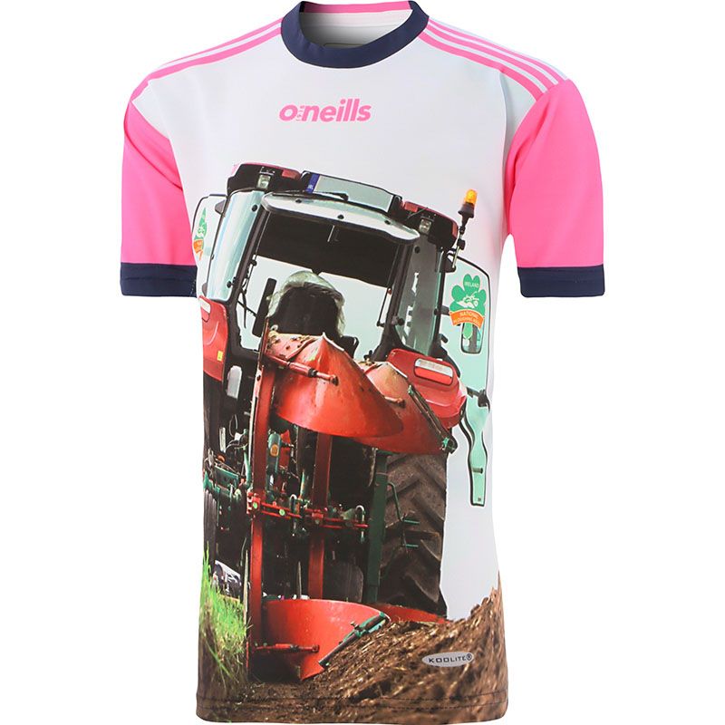 Pink Plough On! O'Neills Ploughing Jersey with an image of a a red tractor ploughing a field and features the National Ploughing Association crest