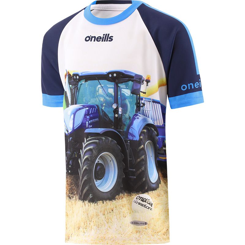 Navy Kids' Too Blue To Be True O’Neills ploughing jersey with image of a blue tractor and O’Neills ball on the front.