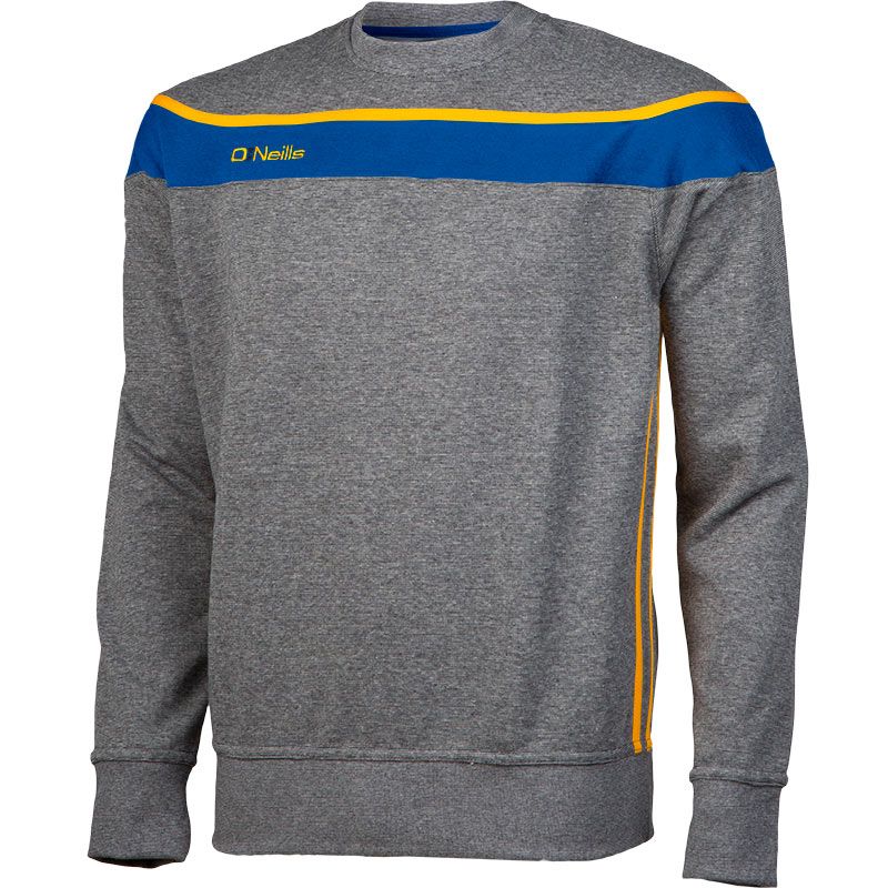 Grey Kids' Slaney crew neck sweatshirt with a royal blue panel and yellow stripes from O'Neills