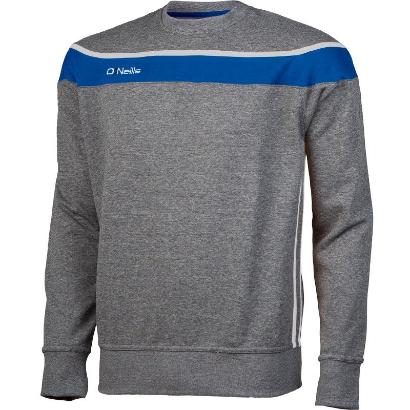 Grey Men's Slaney crew neck sweatshirt with a royal blue panel and white stripes from O'Neills