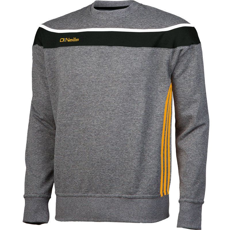 Grey Men's Slaney crew neck sweatshirt with a black panel and yellow stripes from O'Neills