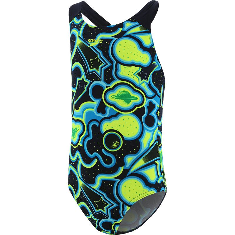 navy, blue and green Speedo Kids' swimsuit in a splashback design from O'Neills