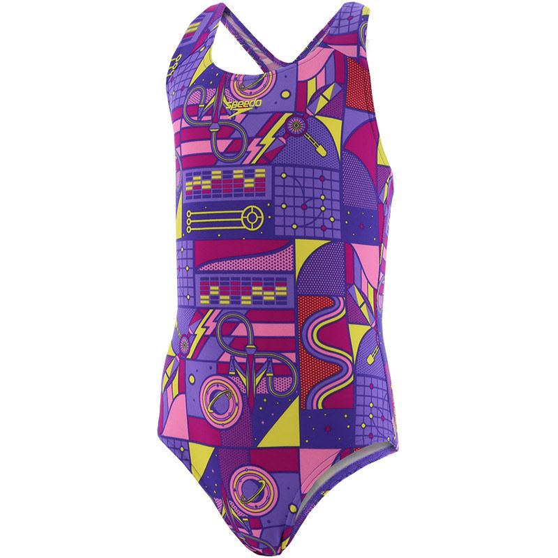 pink, purple and yellow Speedo Kids' swimsuit in a splashback design from O'Neills