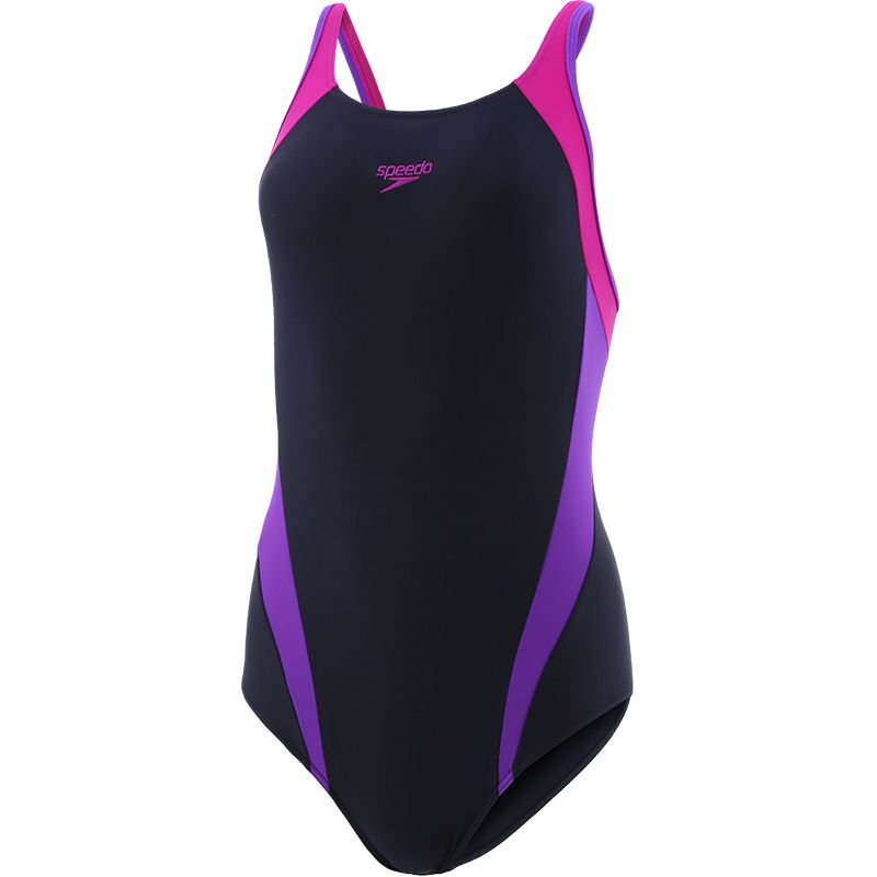 navy and purple Speedo Women's swimsuit with a muscle back design offering flexibility from O'Neills