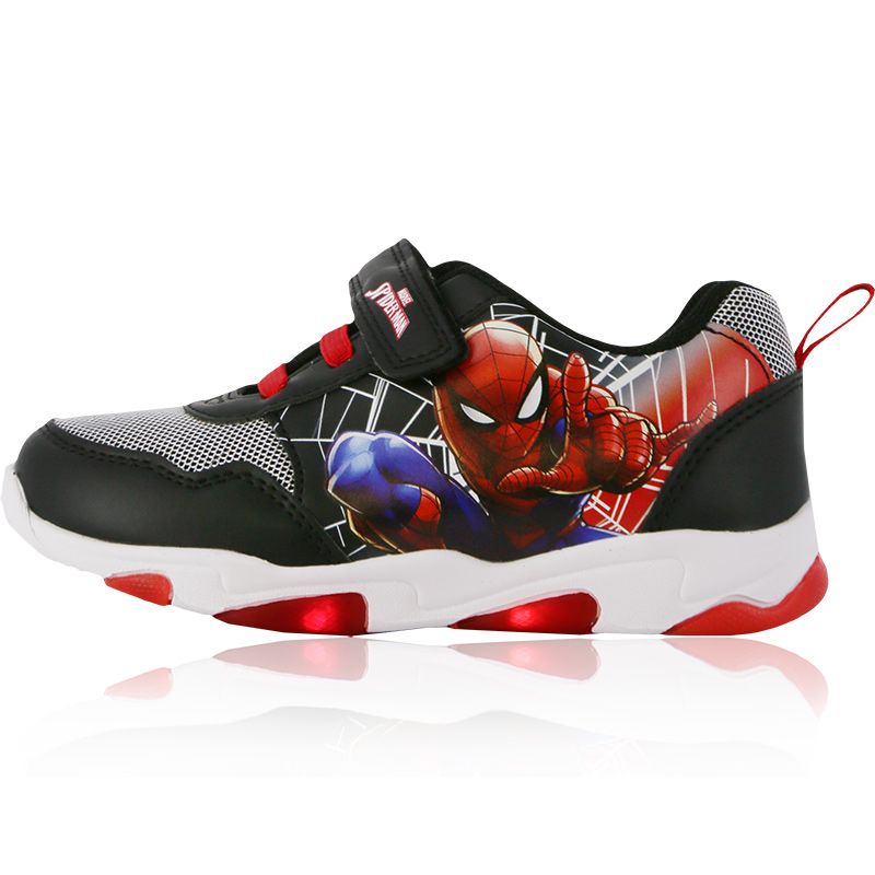 Boys Spiderman Light Up Trainers Black / Red / Light Grey, with light up sole and Hook and loop velcro strap closure from O'Neills 