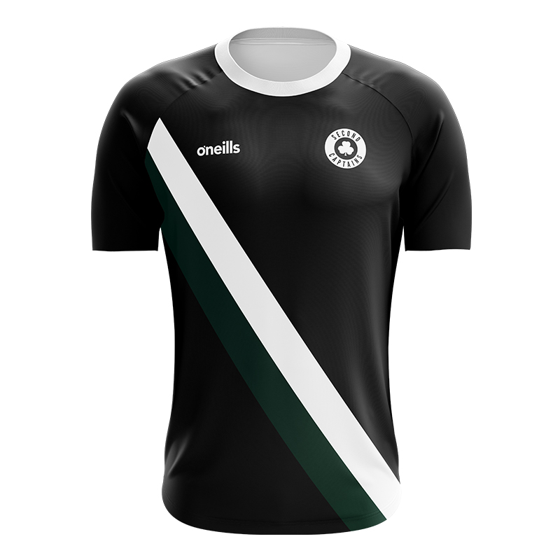 Black Second Captains Short Sleeve Jersey with white and green stripes by O’Neills.