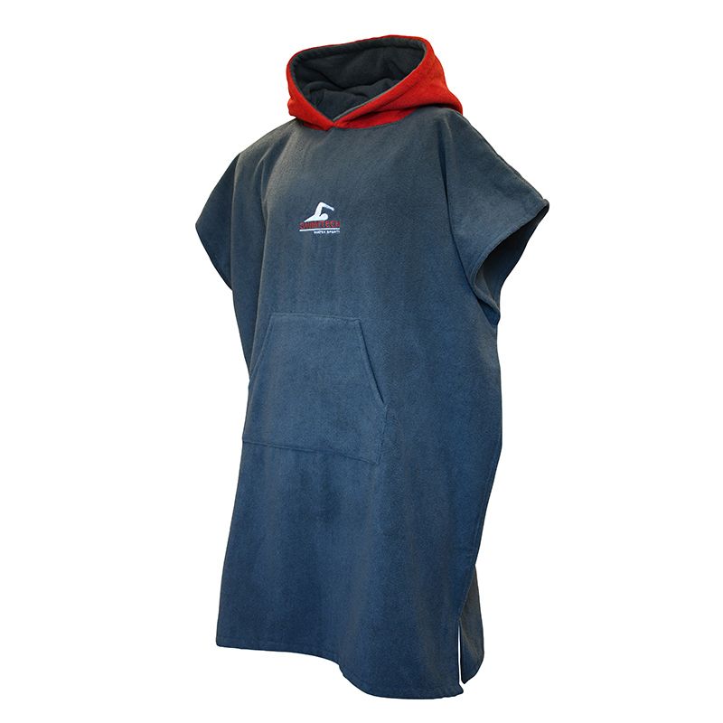 grey and red SwimTech microfibre poncho with a kangaroo front pocket from O'Neills