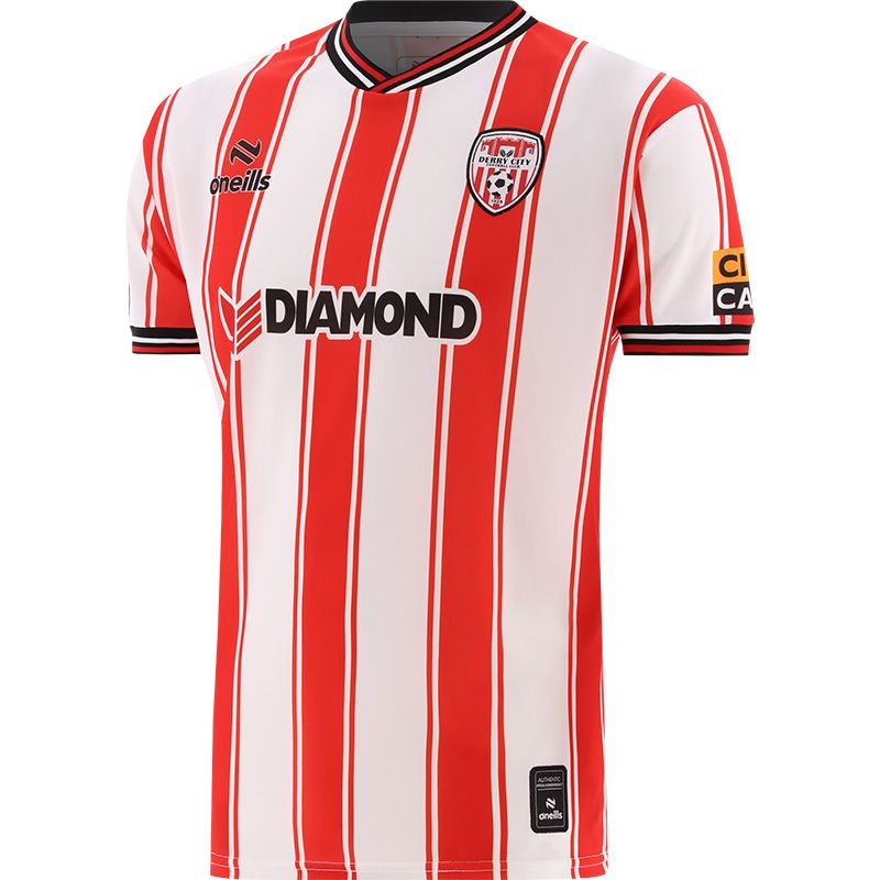 Red and White Derry City FC Home Jersey 2024 with ribbed collar and cuffs by O’Neills.