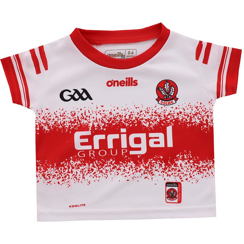 White Derry GAA Alternative Jersey 2024 with Errigal Group sponsor logo on the chest by O’Neills.