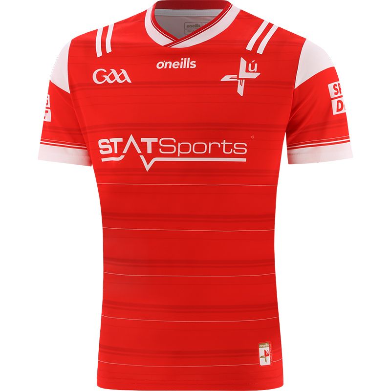 Red Louth GAA Home Jersey 2024 with a White knitted collar by O’Neills