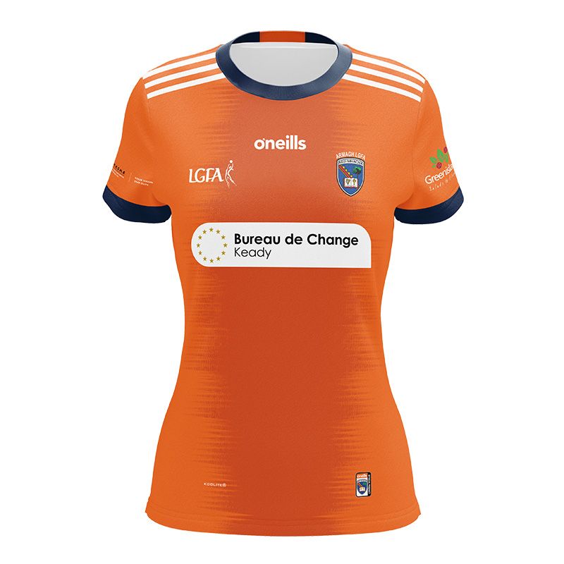 Orange Armagh LGFA jersey with sponsor logo by O’Neills. 