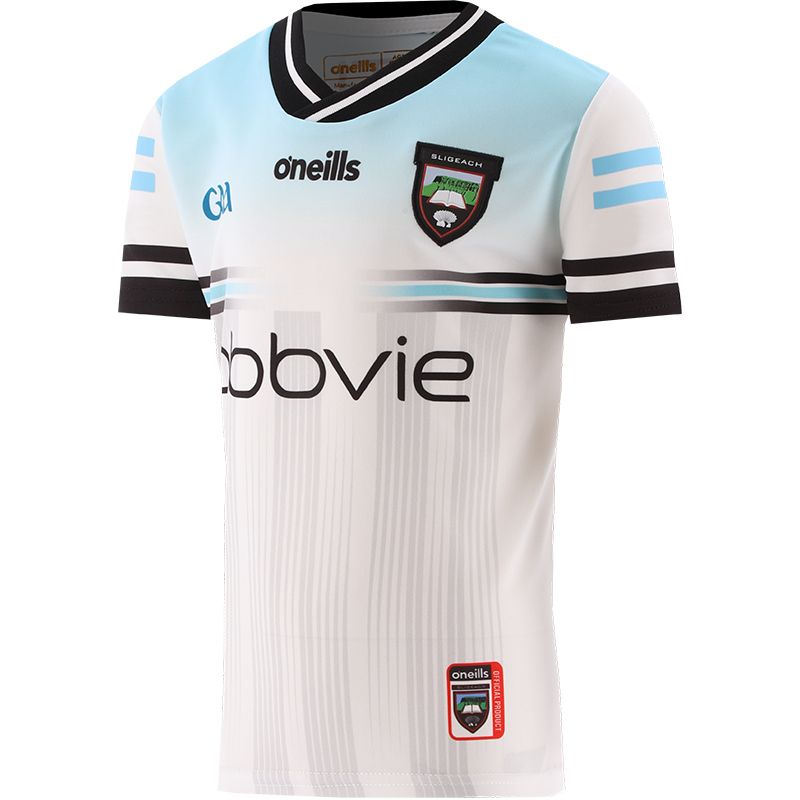 White and Turquoise Sligo GAA Alternative Jersey 2024 with a black ribbed crew neck by O’Neills.