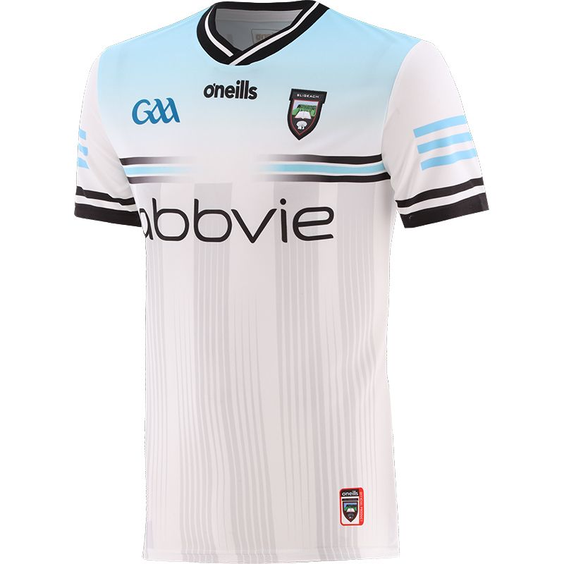 White and Turquoise Sligo GAA Alternative Jersey 2024 with a black ribbed crew neck by O’Neills.