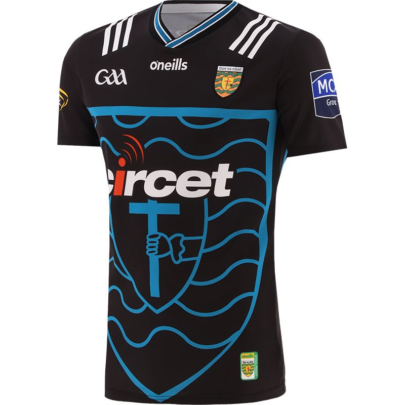 Black and turquoise Donegal GAA Player Fit Goalkeeper Jersey 2024 with Donegal GAA crest on the front by O’Neills.