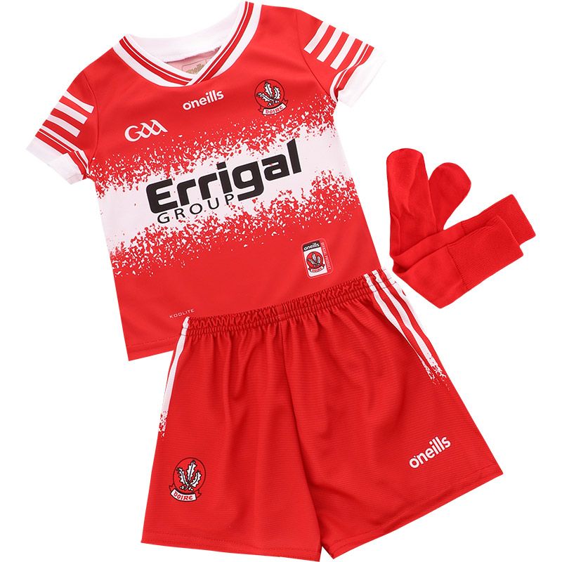 Red Derry GAA mini kit with jersey, shorts and socks by O’Neills.
