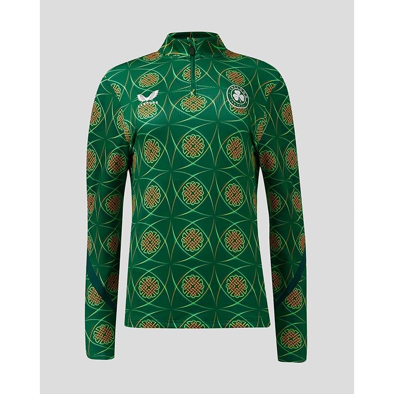 Green Women's Castore Ireland League Matchday 1/4 Zip Midlayer with allover celtic print from O'Neills.