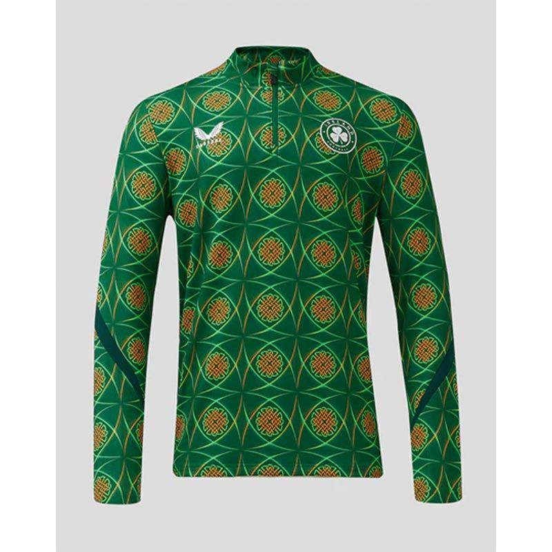 Green Men's Castore Ireland League Matchday 1/4 Zip Midlayer with all over Celtic print from O'Neills.