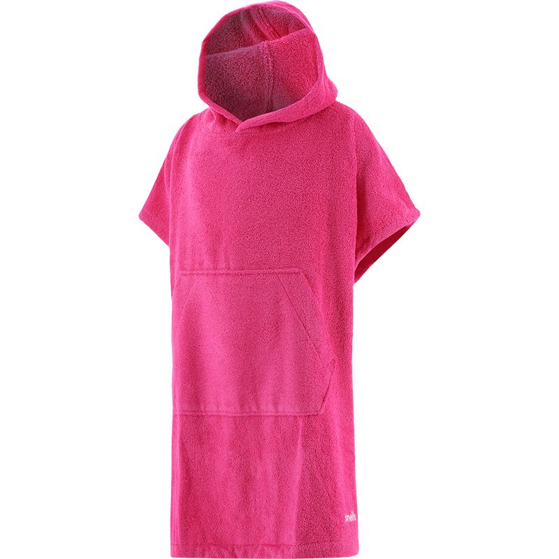 Pink junior swimming towel poncho with hood and front pocket by O’Neills.