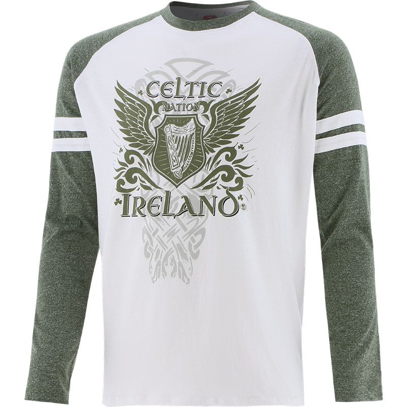 Men's Green Trad Craft Celtic Wings Long Sleeve Top, with a large printed celtic design with wings on the front from O'Neills.