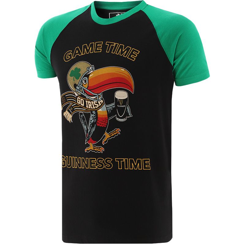 Black Notre Dame Guinness t-shirt with the Guinness toucan printed on the front with a Fighting Irish football helmet from O'Neills.