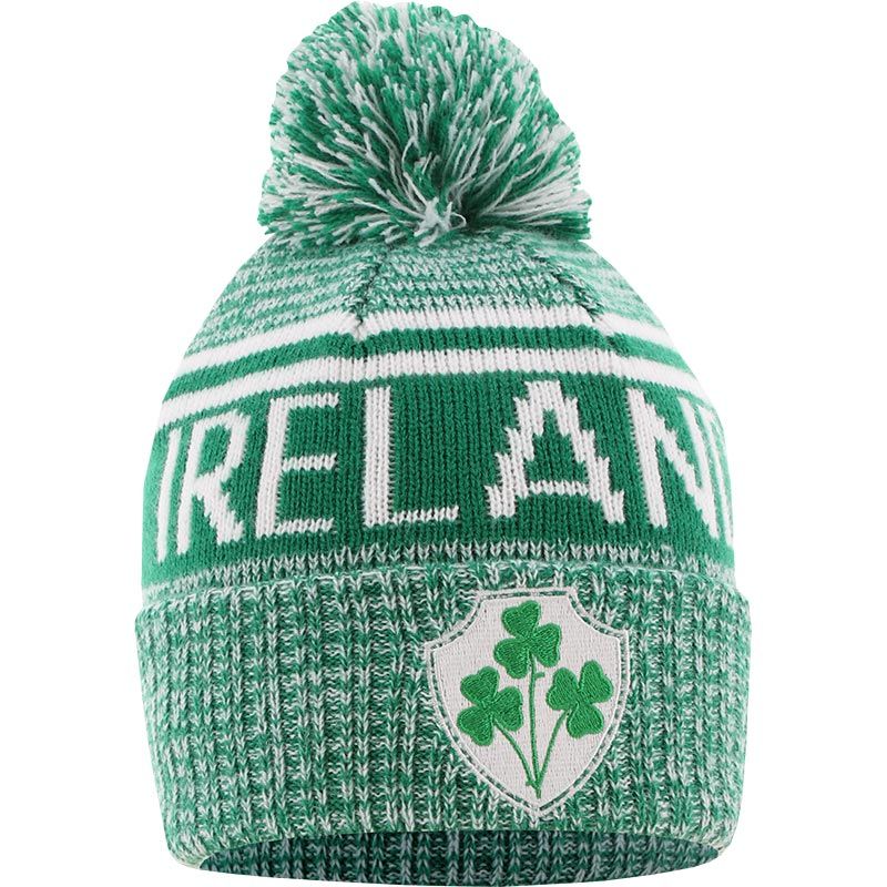 Green Ireland Shamrock Knitted Bobble Hat with embroidered shamrock crest and “Ireland” on the front by O’Neills.