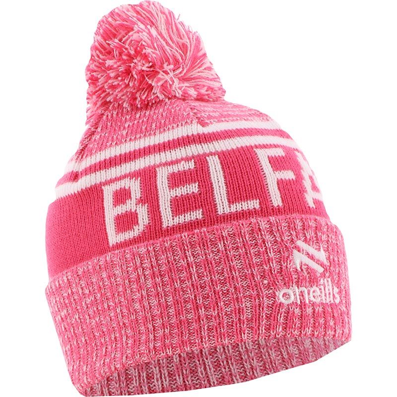 Pink Belfast Bobble Hat with Irish city name and embroidered O’Neills logo.