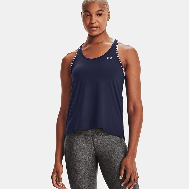 Navy Under Armour Women's UA Knockout Tank Midnight, with T-back straps with wordmark taping details from O'Neills.
