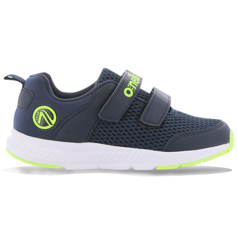 Navy and Green kids’ trainers with velcro closure and memory foam insole by O’Neills.