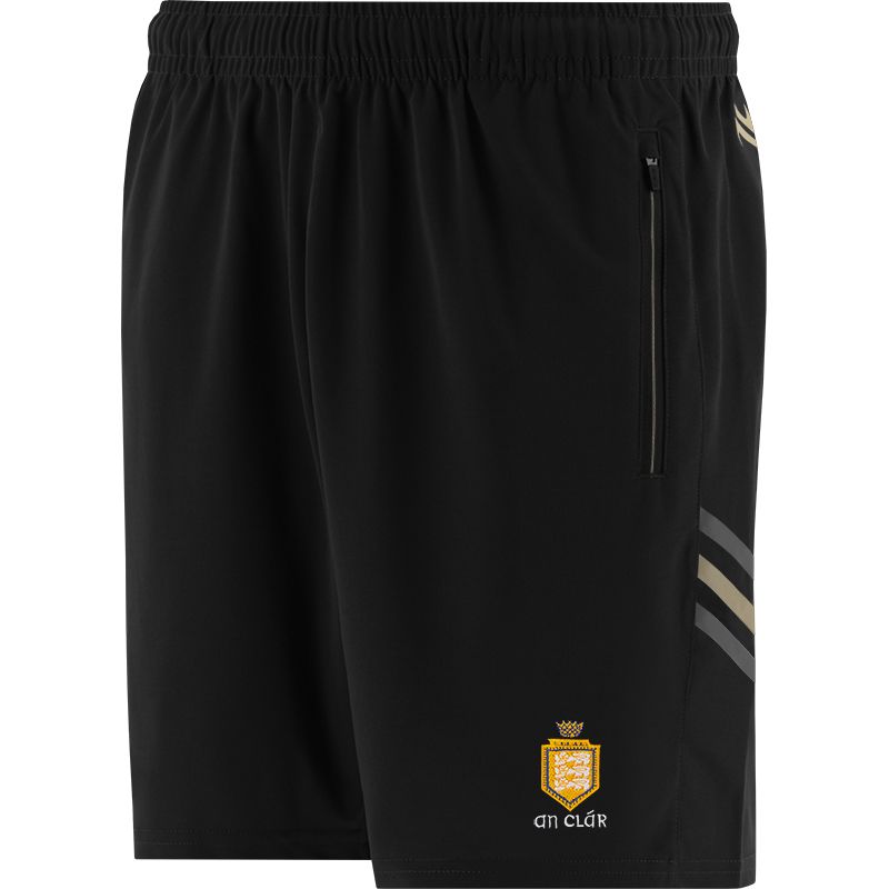 Black Kids' Clare GAA training shorts with zip pockets by O’Neills.