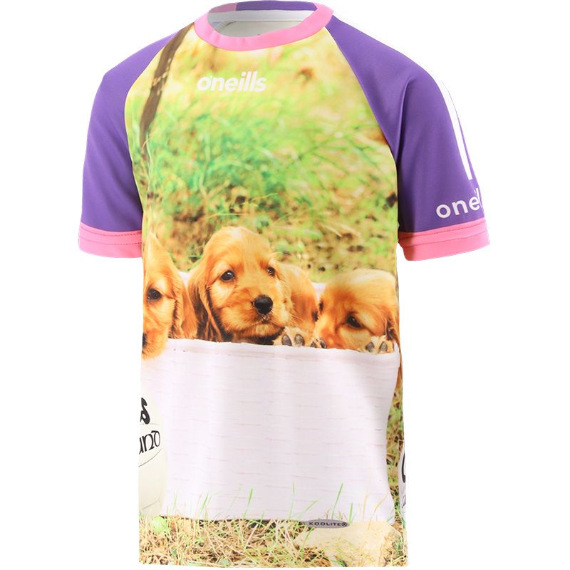 Purple Women's Woof Day O’Neills ploughing jersey with image of puppies and O'Neills ball on the front and back.