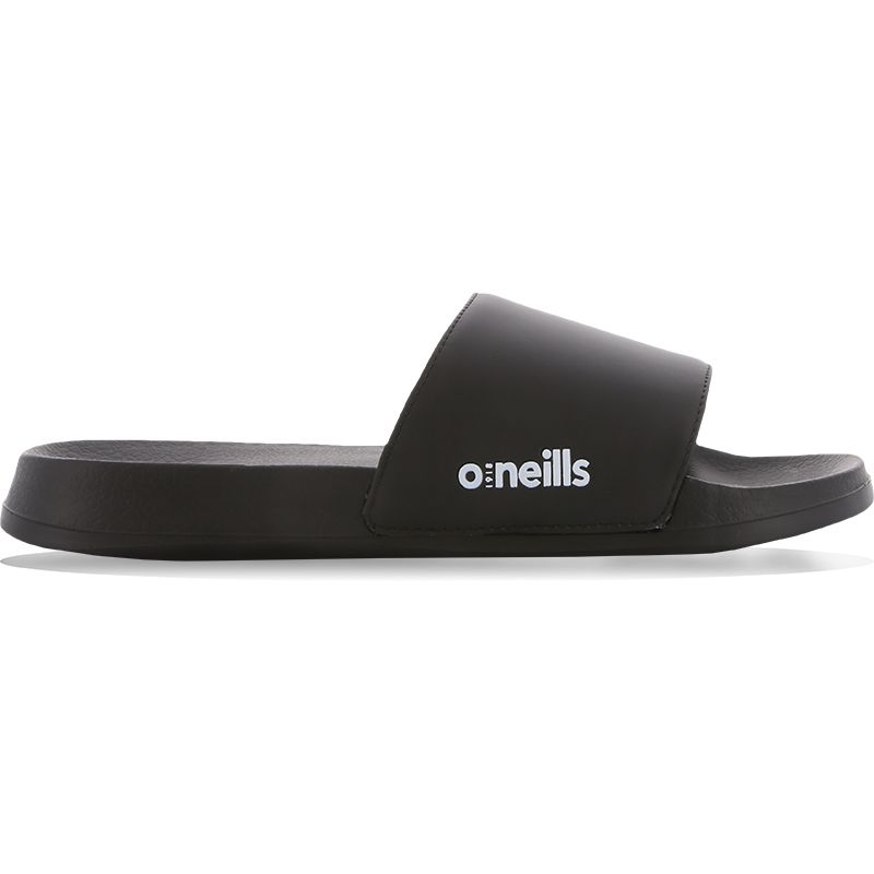 Black pool sliders with white embossed logo by O’Neills.