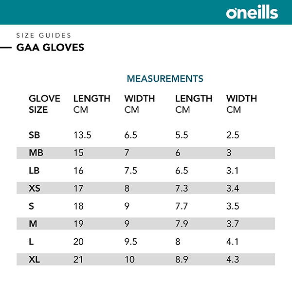 O'Neills GAA Gloves Size Guide
