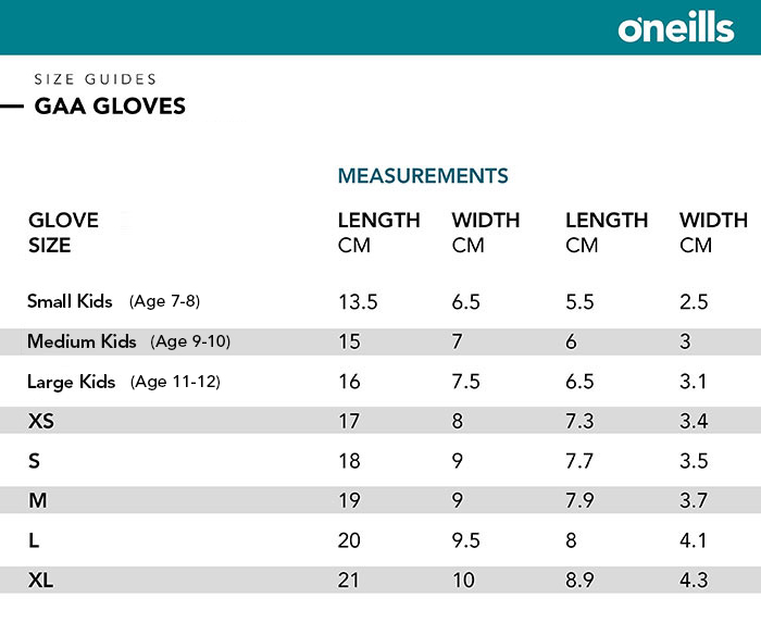 O'Neills GAA Gloves Size Guide