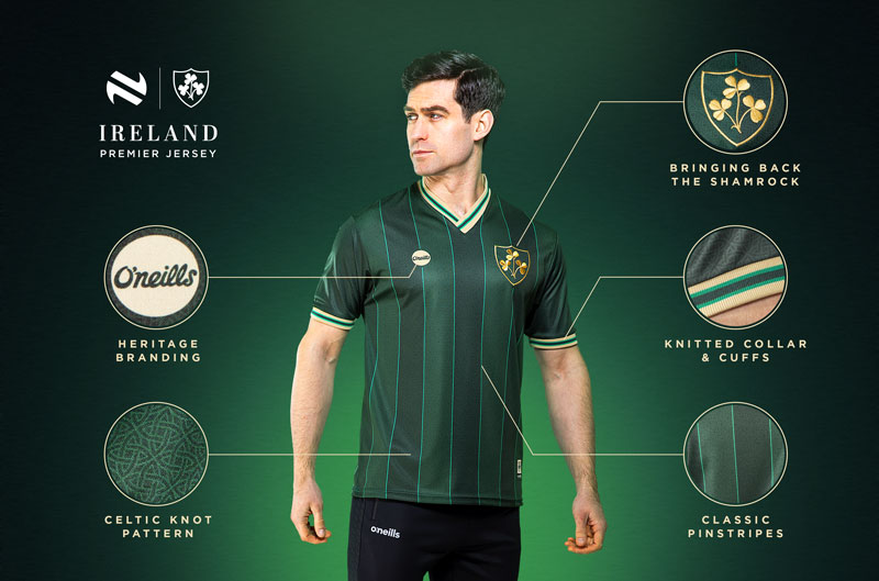Ireland Premier Jersey with gold shamrock crest breakout design features by O'Neills